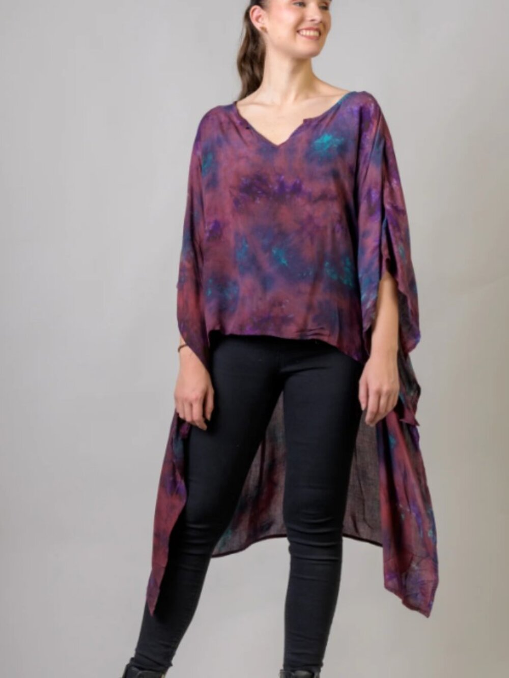 Rhea Costa Purple Tie-Dye High-Low V-Neck Tunic